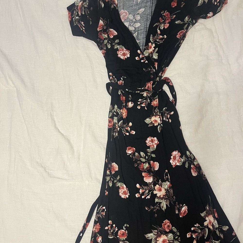 Floral Black Wrap Dress